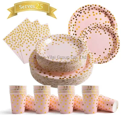 일회용 종이 접시 냅킨 세트 - 파티 선물, 금색 물방울 무늬 핑크, 디너 접시 25개, 디저트 접시 25개, 냅킨 25개